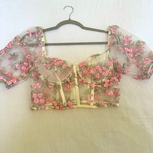 Floral Embroidered Mesh Underwire crop top